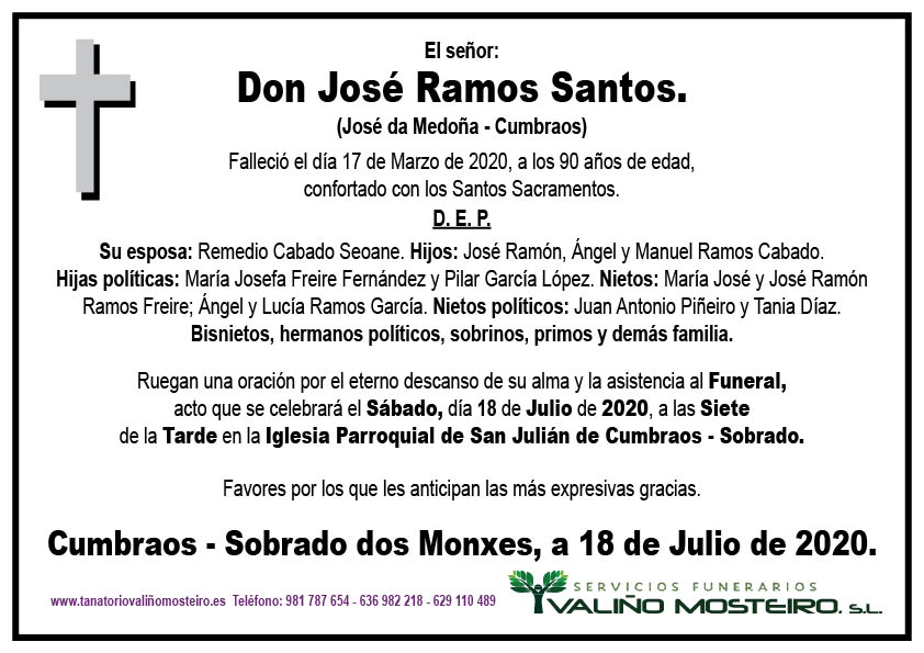 Esquela de José Ramos Santos.